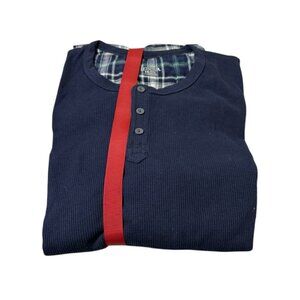 Merona XXL Men’s Pajama Set Navy Henley Shirt Multicolor Plaid Pant 100% Cotton